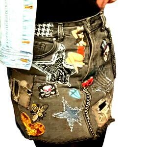Women's Cotton On Black Denim Mini Skirt , Reworked, skulls, stars, patches pins